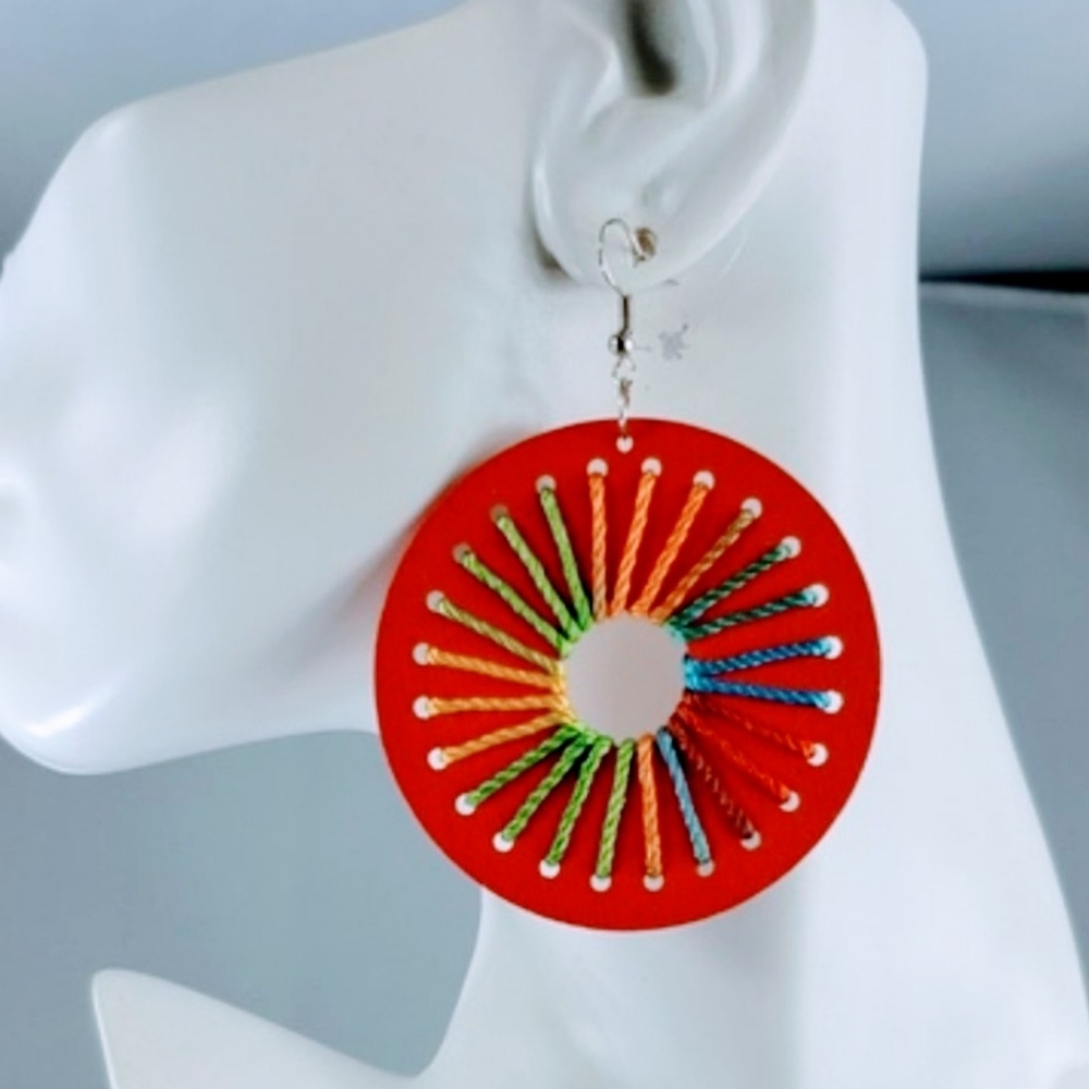 Colorful wood thread hook dangle earrings Red